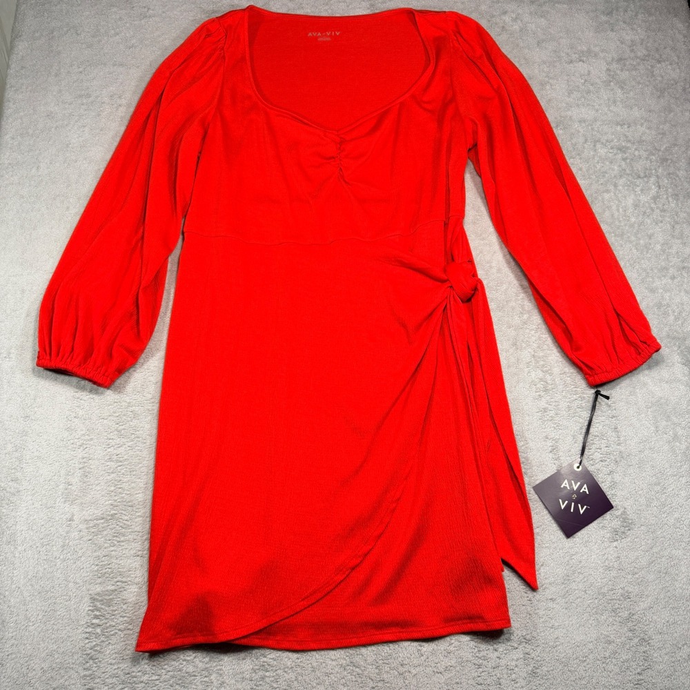 Ava & Viv Wrap Dress Women XXL Red Long Sleeve Sweetheart Neck Faux Tie